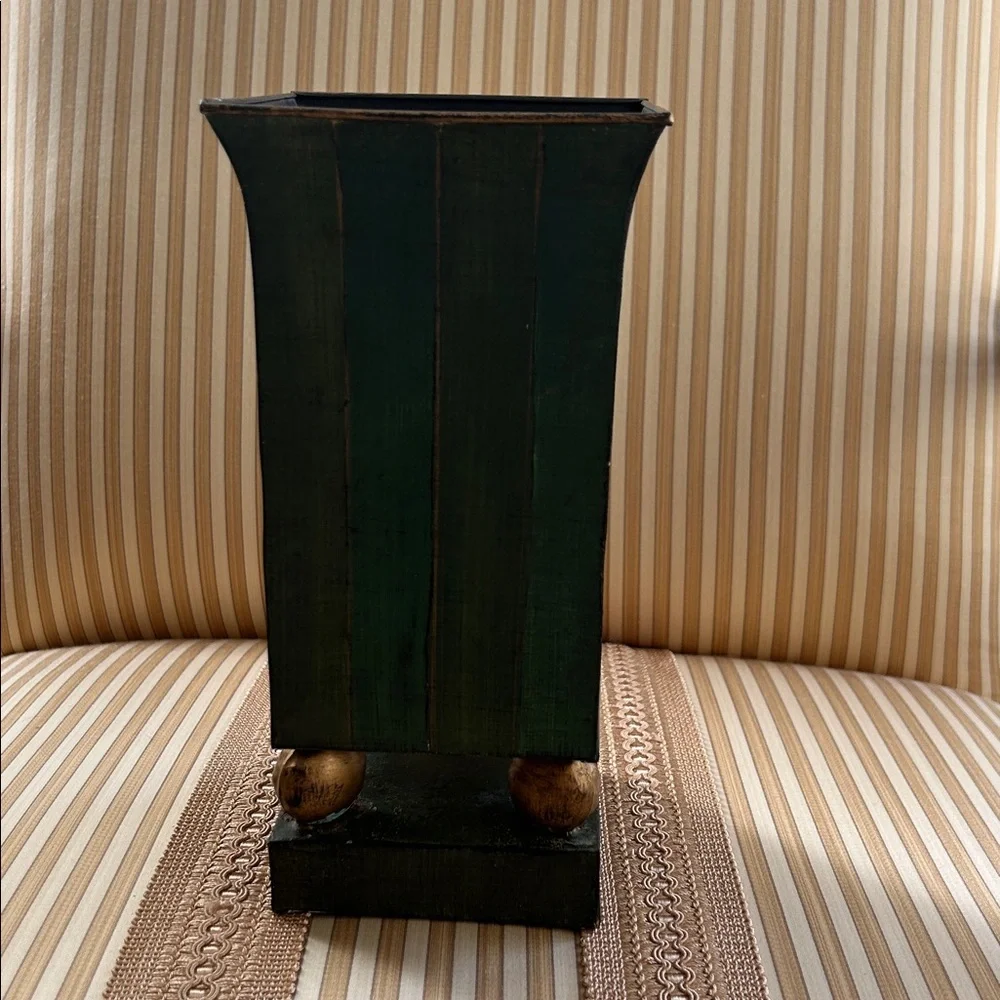 Vintage Green Floral Tin Plant Holder with Gold Accents